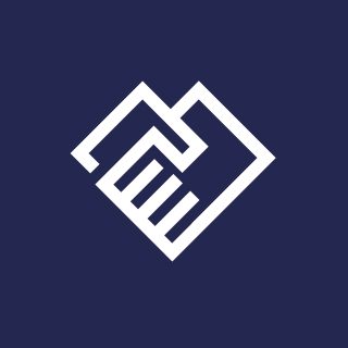 Abstract handshake logo on navy background.